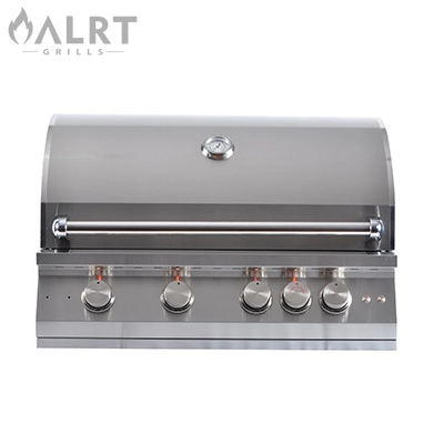 Stainless steel barbecue grill with four burners in outdoor kitchen